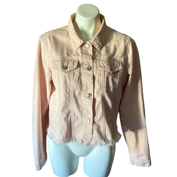 Vigoss Blush Pink Casual 100% Cotton Raw Hem Cropped Jean Jacket Size Large - Picture 1 of 6